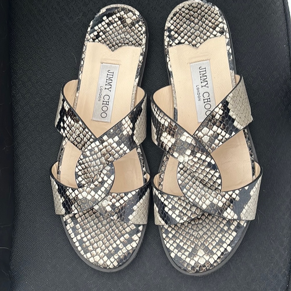Jimmy Choo Black and Cream Snakeskin Sandals